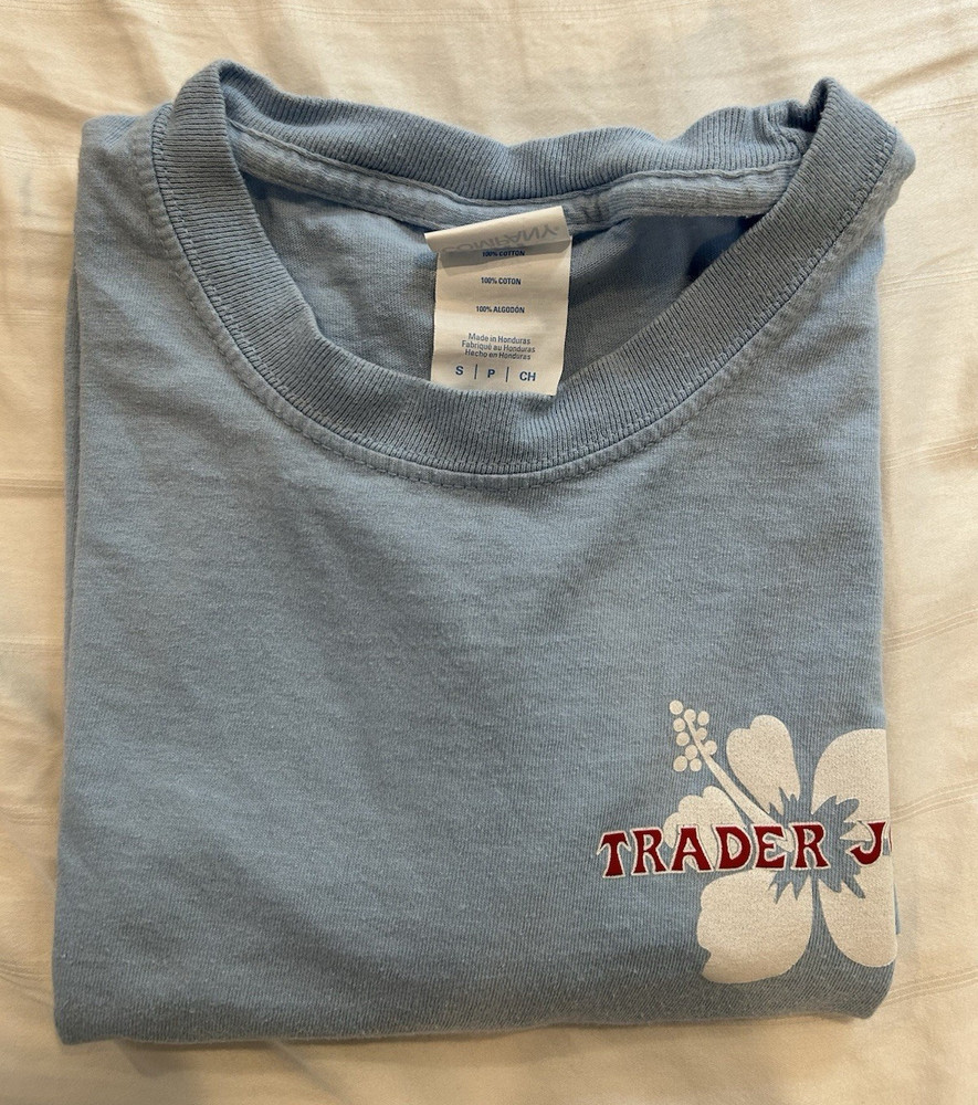 Trader Joe’s Logo Graphic Dusty Blue Cotton Knit Double-Sided Short Sleeve Tee S