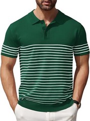 Men’s Striped Knit Polo Shirt Lightweight Short Sleeve Casual Collared Golf Tee