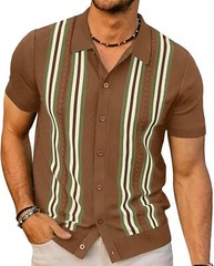 Mens Vintage Striped Knitted Polo Shirt Short Sleeve Button Down Golf Casual Top