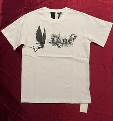 Sz L White Round Neck V Lone T Shirt Angel Smoke Black Print 100% Cotton LARGE