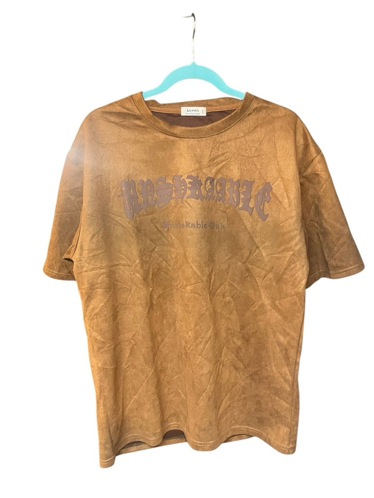“Unsbakable Cluh” T-Shirt Soft Faux Suede Fabric Men’s Brown T-Shirt Sz L *Read*