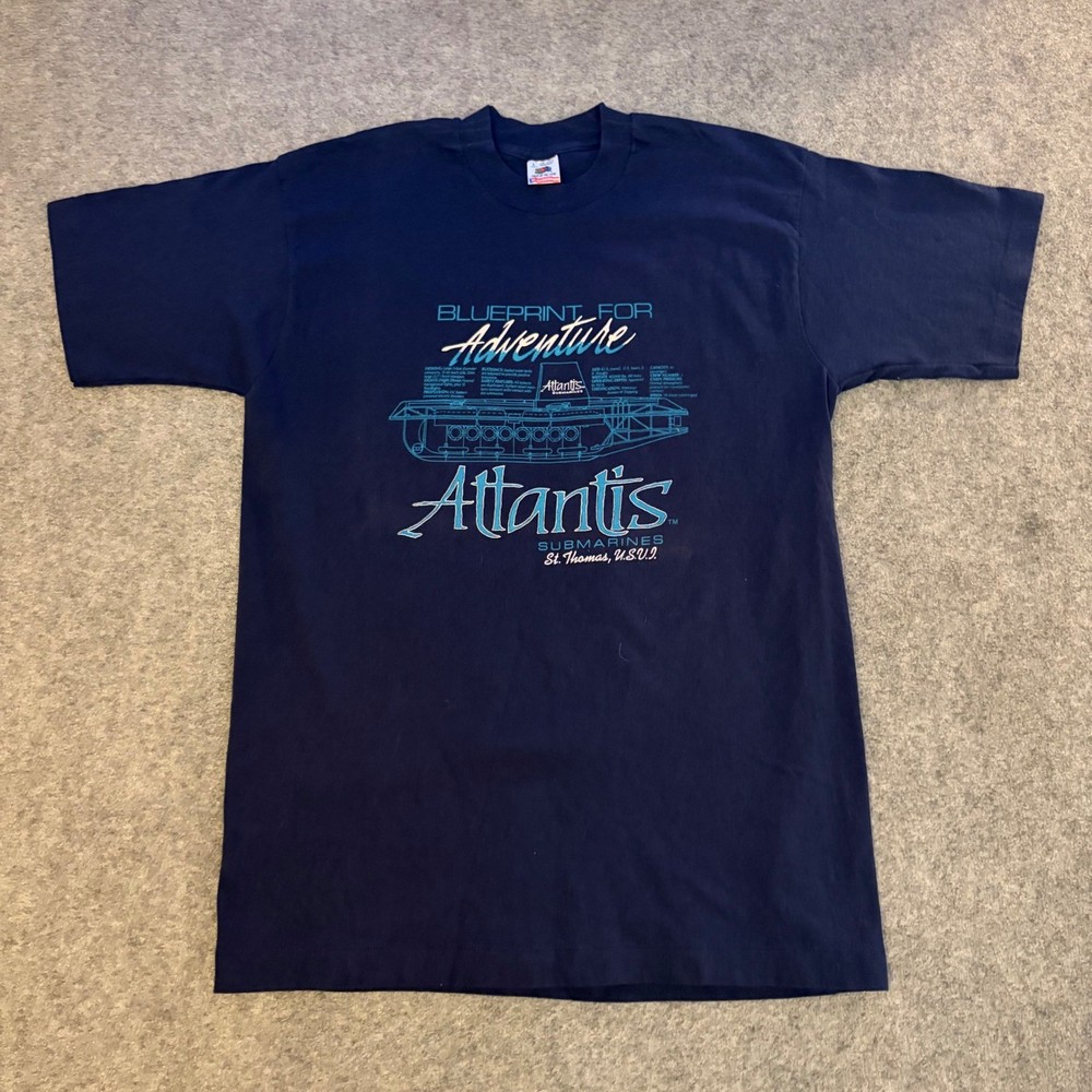 Vintage 90s Atlantis Submarines Blueprint for Adventure Military Army T Shirt Lg