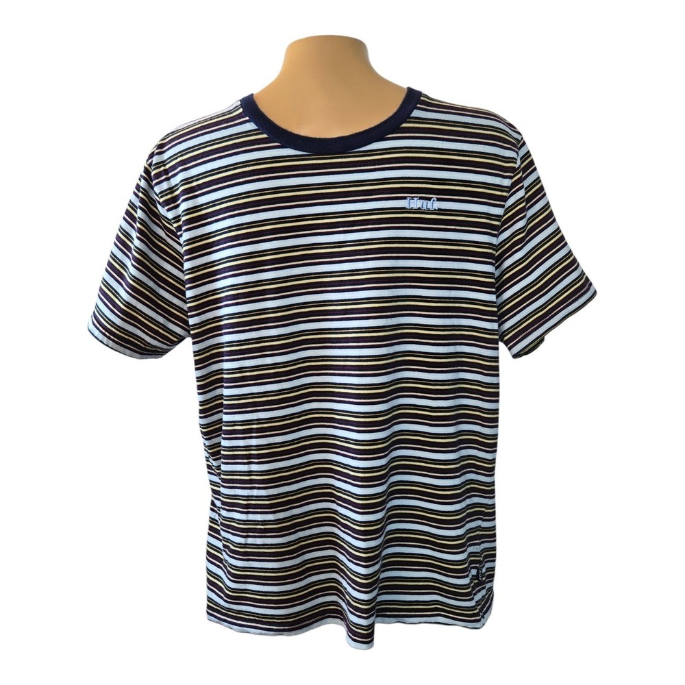 HUF Mens Striped T-Shirt Large Blue Yellow Logo Ringer Tee Blokecore Cotton