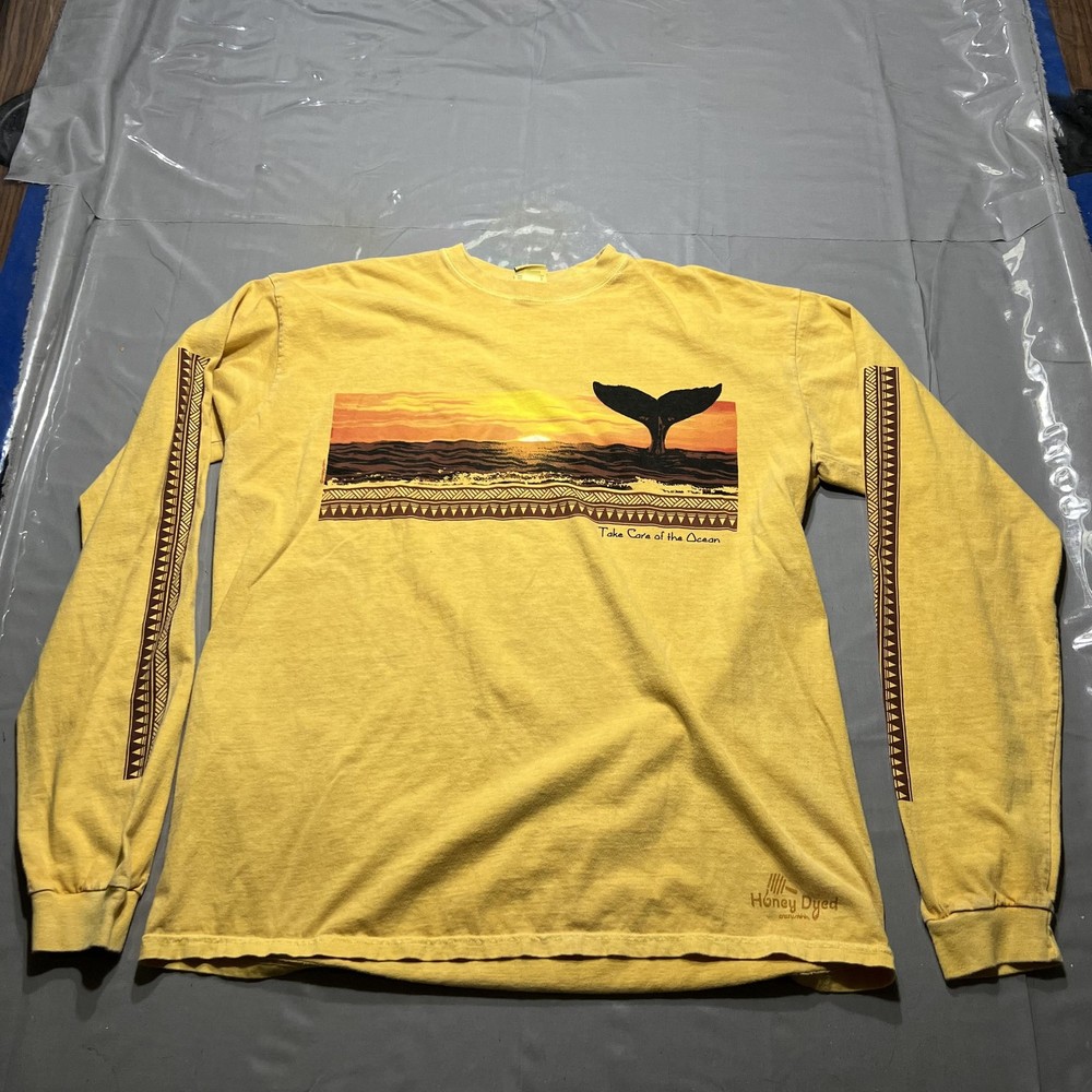 Crazy Shirts Take Care Of The Ocean Shirt Mens Large Yellow Whale Long Sleeve