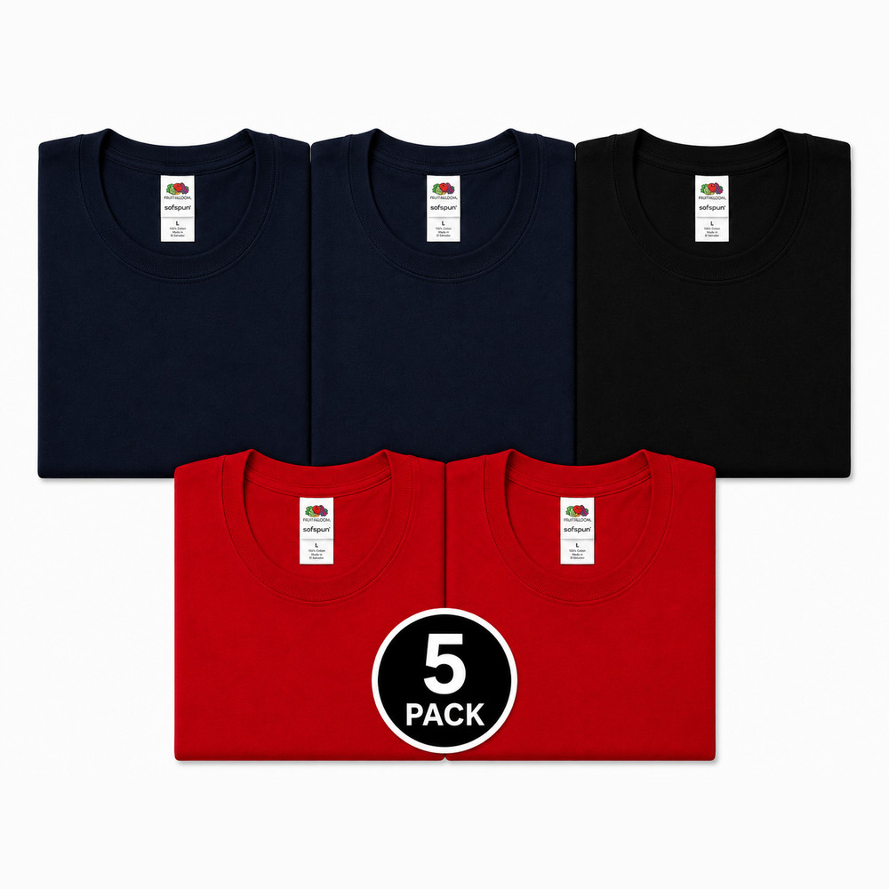 Fruit of the Loom 5-Pack T-Shirts Size L – 2, Navy, 2 Red, 1 Black