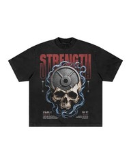 Men’s Vintage Washed Graphic T-Shirt Skull Gym Weight Plate Print Streetwear Tee