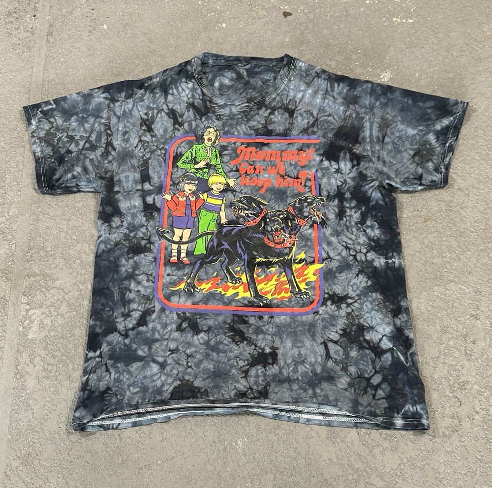 80s Devil Comic Themed Tie Dye black and grey Cotton Crewneck shirt M