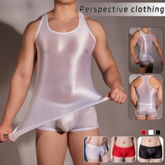 Sexy Men’s Shiny Oil Tank Top Elastic Tank Top Transparent Fitness T-Shirt