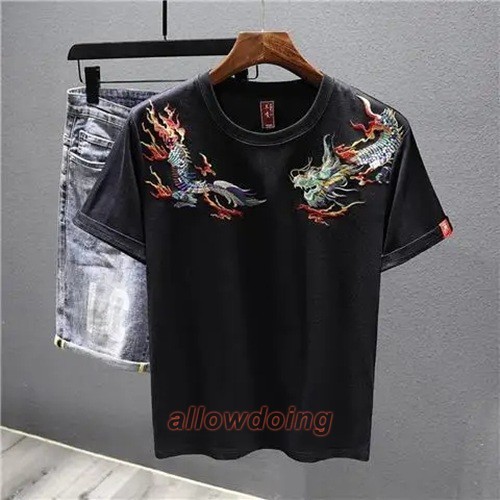 Men’s Dragon Embroidered T-Shirt Casual Short Sleeve Summer Ethnic Style Top