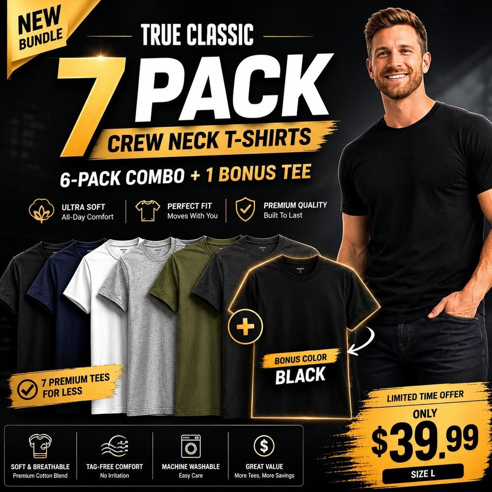 🔥 True Classic 7-Pack Crew Neck T-Shirts | Size L | + Bonus Black Tee