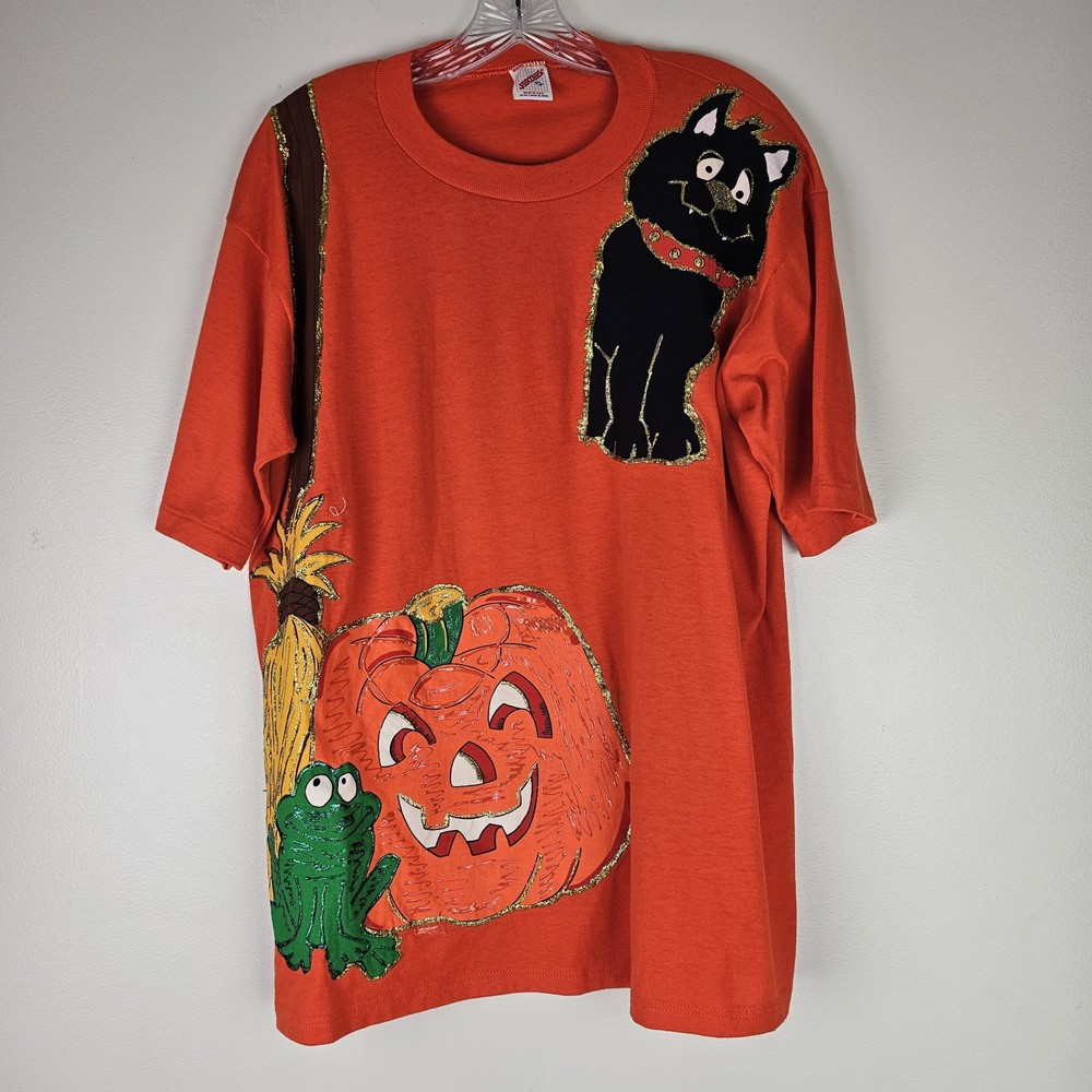 Jerzees Vintage Orange Halloween Applique Painted Black Cat T Shirt Size XL USA