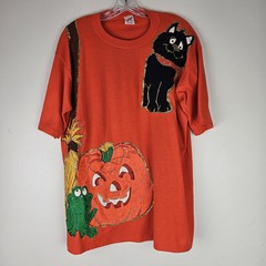 Jerzees Vintage Orange Halloween Applique Painted Black Cat T Shirt Size XL USA