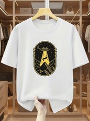 Men’s Alien UFO and Hiker Print Round Neck Short Sleeve T-Shirt