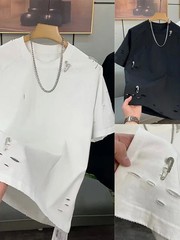 Trendy Men’s Streetwear Distressed Cotton T-Shirt Rhinestone Pin Casual Top