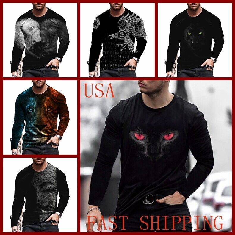 T Shirt Men Black Long Sleeve Lion Panther Graphic Casual Silky Soft T-Shirt Tee
