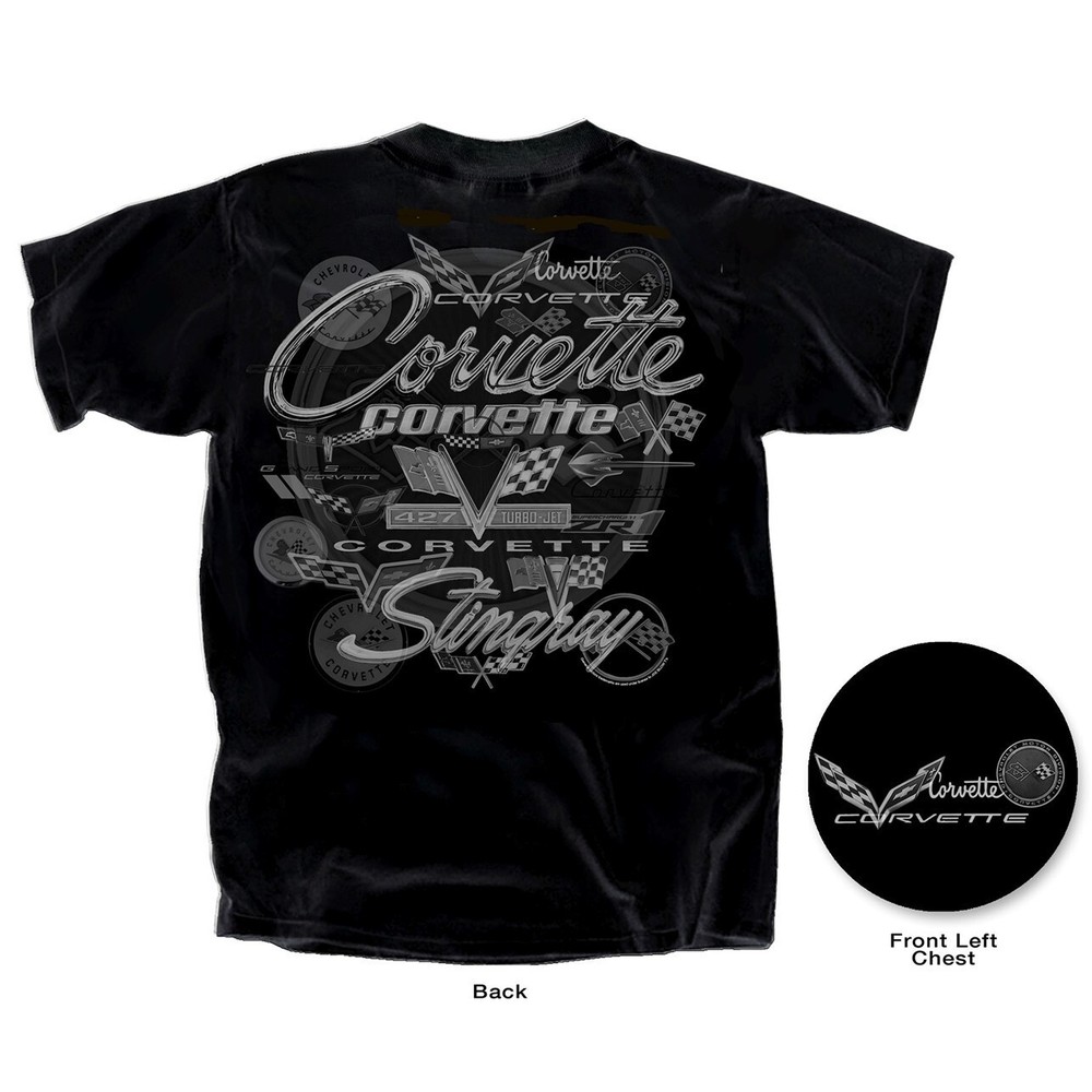 Joe Blow T’s Chevy Corvette All Over Logos Men’s Black T-Shirt Stingray Flags