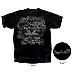 Joe Blow T’s Chevy Corvette All Over Logos Men’s Black T-Shirt Stingray Flags