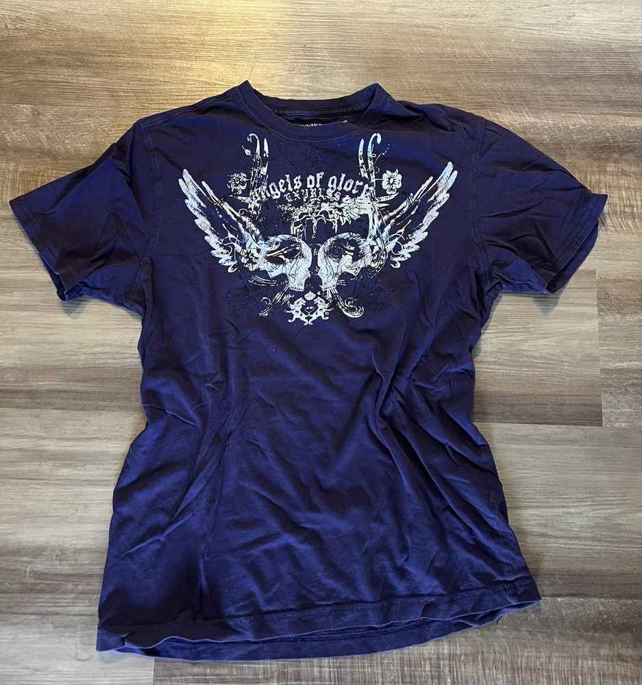 Express Angels of Glory Skull Graphic Purple Crewneck T-Shirt S Cotton