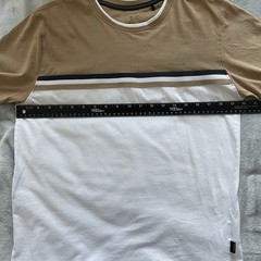 Tahari Mens Medium Short Color Block T Shirt 100% Cotton Tan White Crew Neck