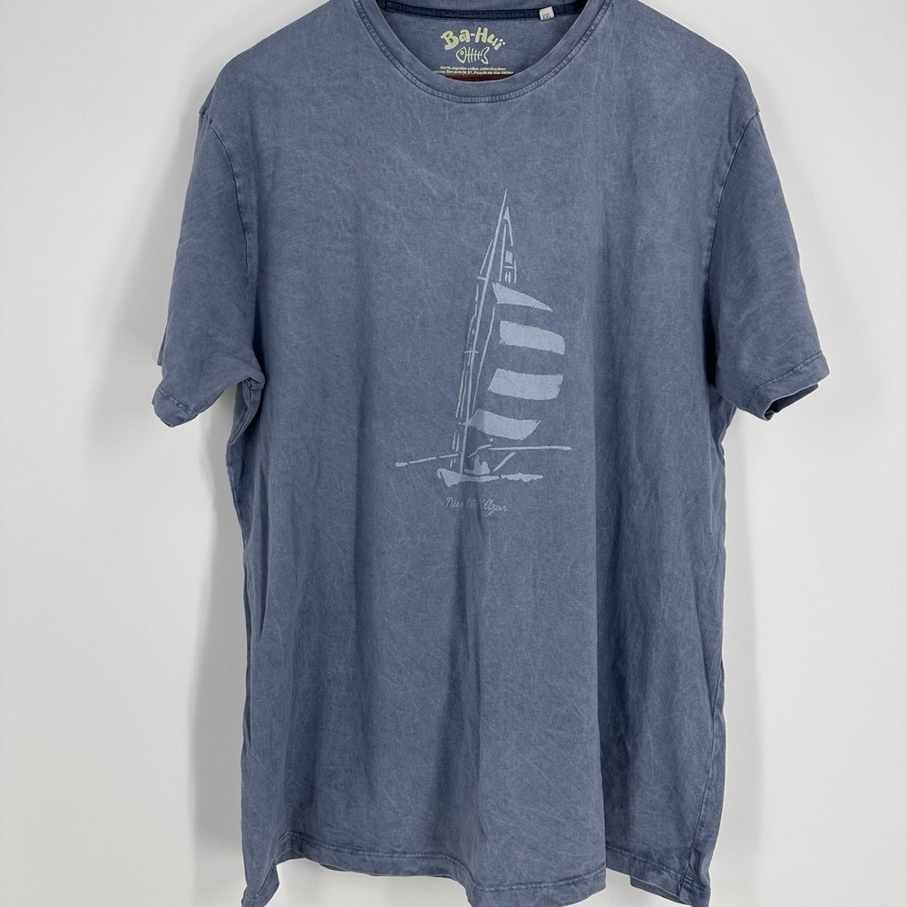 Ba-Hui Men XXL Blue Mineral Wash Graphic T-Shirt Cotton Sailboat Nautical Spain