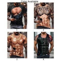 Men 3D-Muscle Tattoo Print T-Shirt Short Sleeve Digital Printing Shirts-Tops Tee