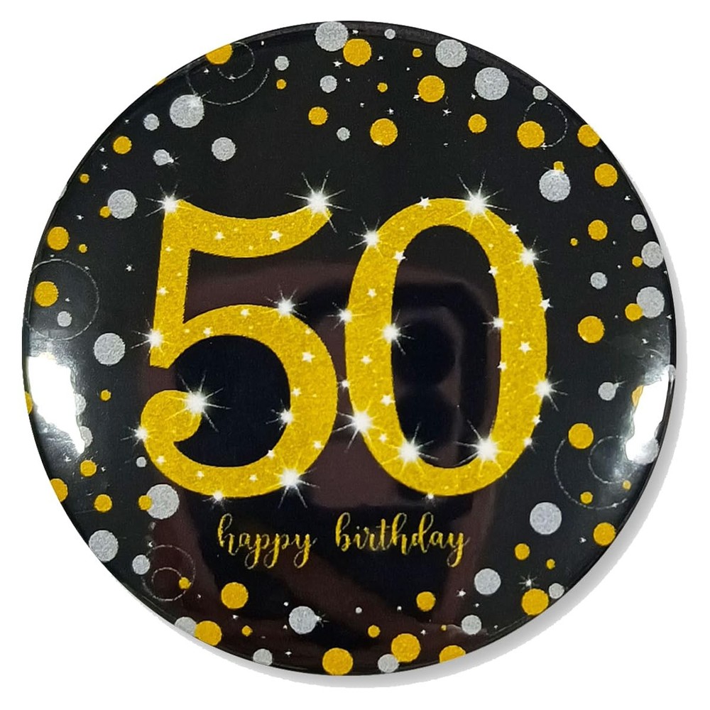 Glitter 50th Birthday Button Pin – Black and Gold Sparkly 50th Birthday Badge…