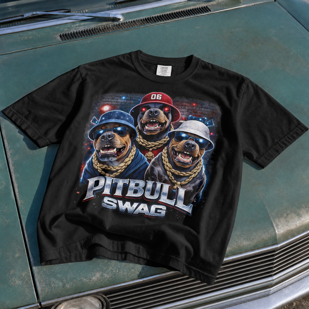 Pitbull Dog T-Shirt Swag T-Shirt Mens Graphic Tee Hip Hop Streetwear Dog 90s