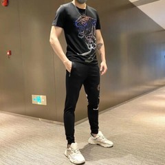 New Men Hot Drilling Fashion Tiger Rhinestone Summer Luxury Two-Piece Tracksuit