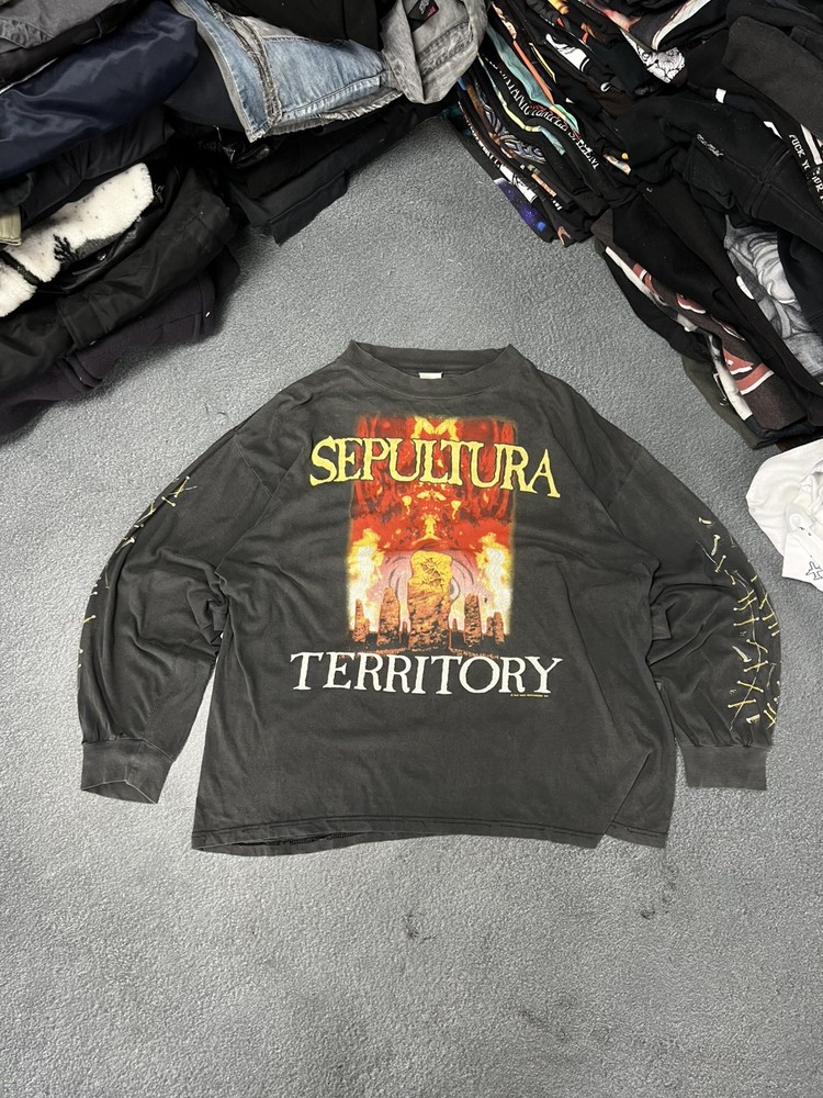 Vintage 90s Sepultura Territory Metal Band T-Shirt Long Sleeve, Blue Grape