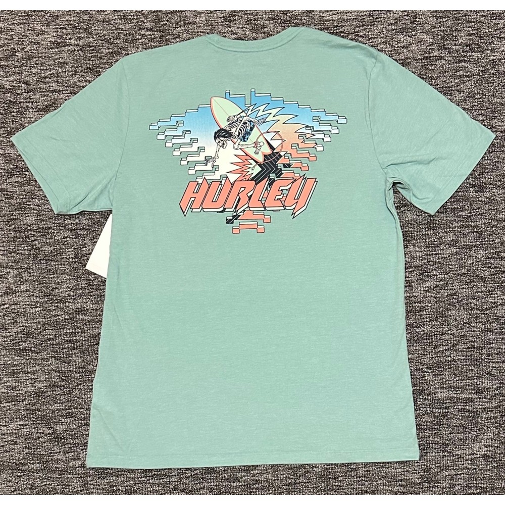 Hurley Mens Large Broken Jade Heather Off The Top Skeleton Surfer Graphic Shirt