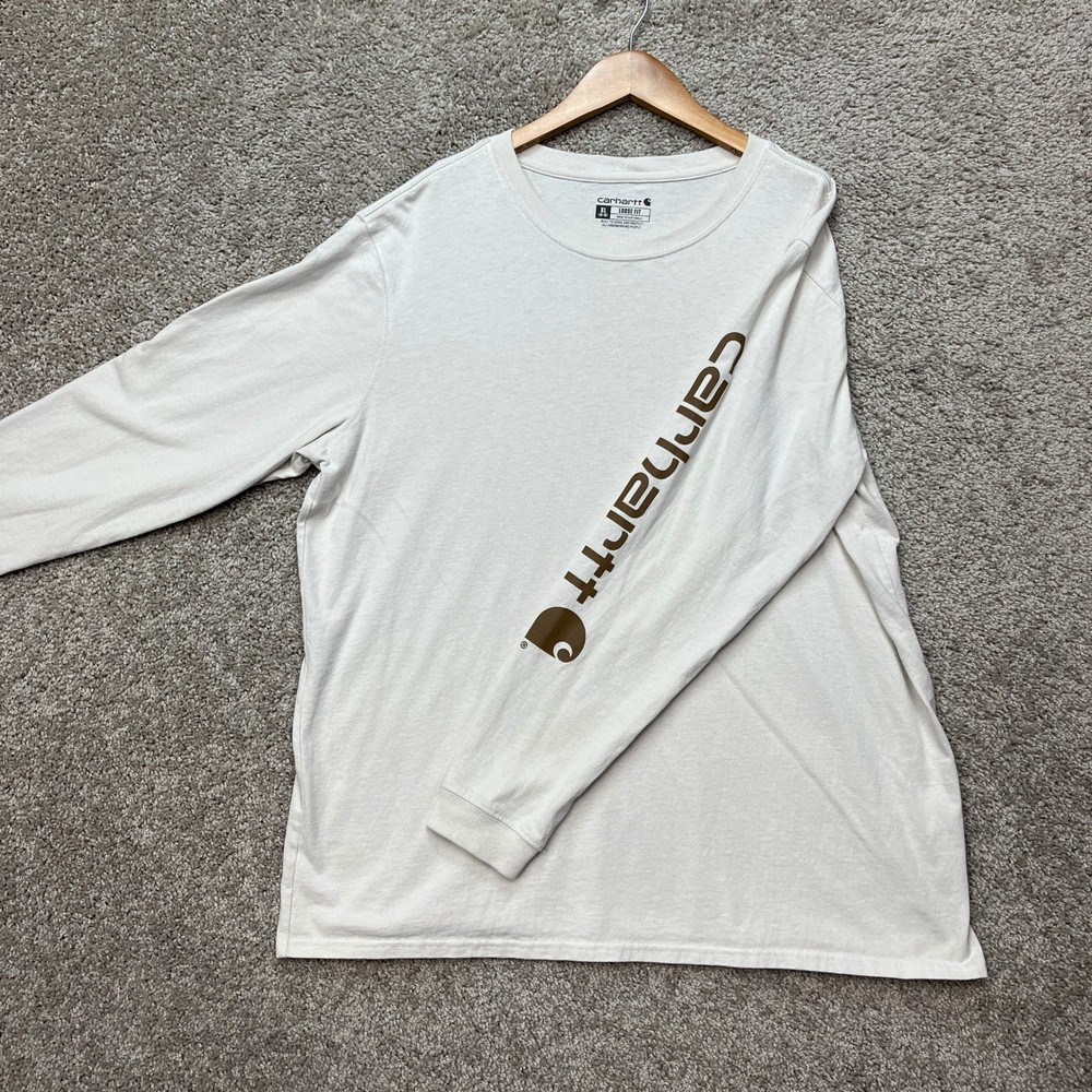 Carhartt T-Shirt Men XL Cream Long Sleeve Loose Fit Graphic Sleeve Crew Neck EUC