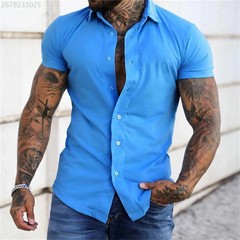 High quality men’s fitness short-sleeved shirt, business casual solid color stre