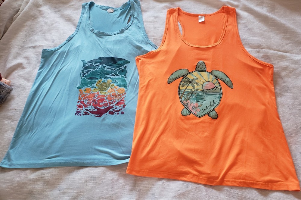 Mens Racerback Tank Tops Blue Orange Sea Life Turtles, Big Tall, sz 2XL