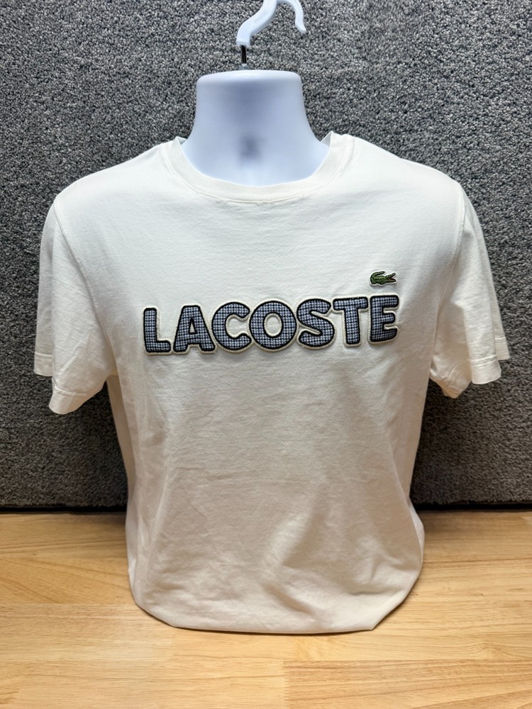 Lacoste T-Shirt Men’s M 4 White Houndstooth Graphic Spell-Out Croc Applique