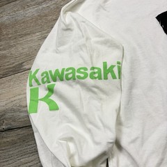 90s Kawasaki Men’s G White Cotton Knit Graphic Logo Crew Neck Long Sleeve TShirt