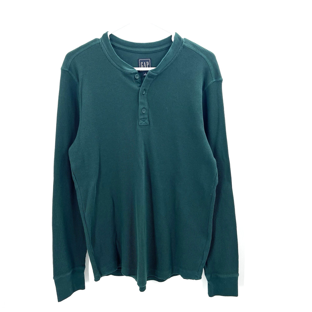 Gap Green Waffle Knit Long Sleeve Henley Thermal Shirt Mens Size Large