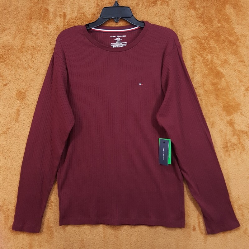 TOMMY HILFIGER Shirt Mens Large Maroon Pullover Crew Long Sleeve Ribbed Knit