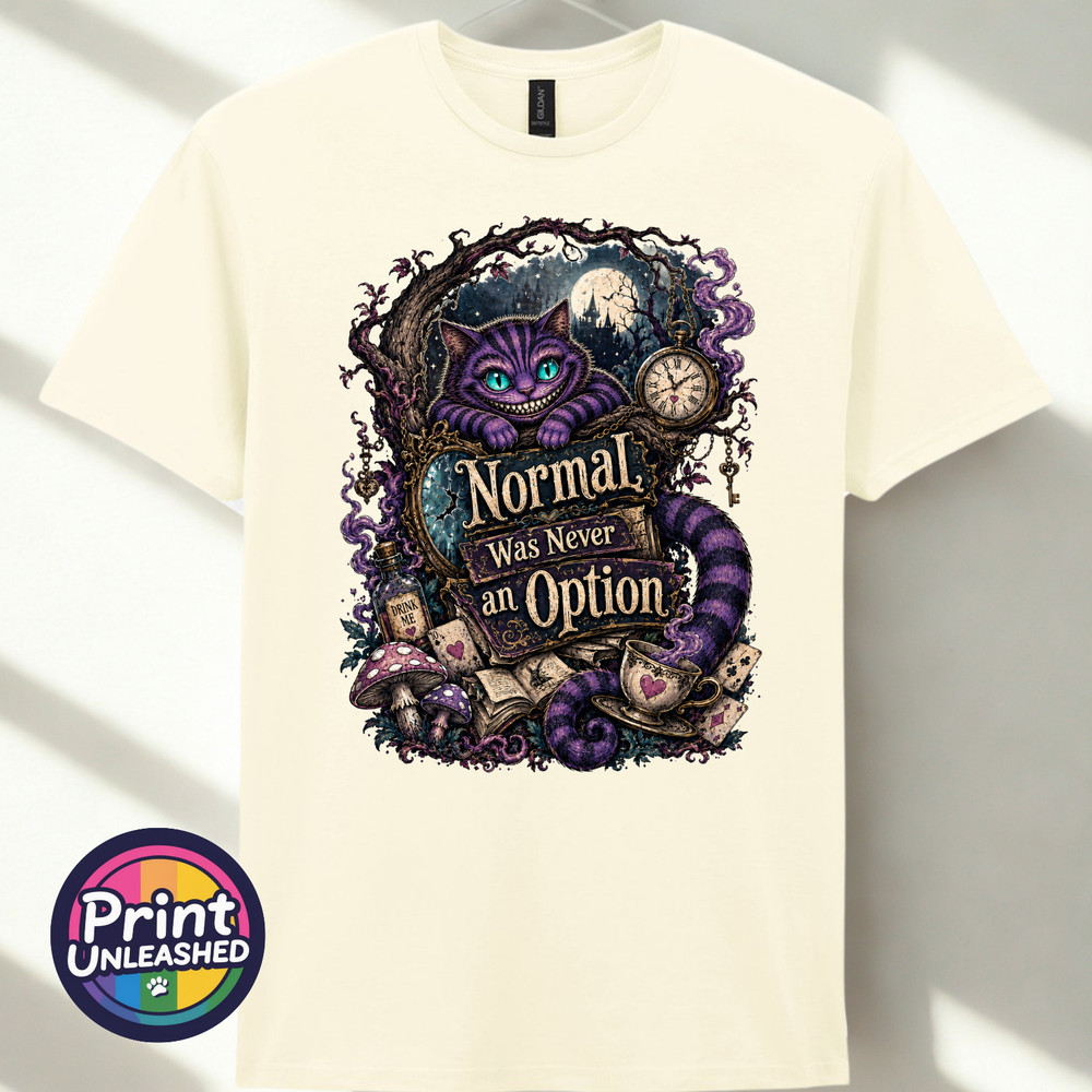 Normal Was Never An Option Tee Funny Grinning Cat Graphic T-Shirt Unisex S-2XL