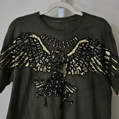 AFFLICTION Y2K Green Tie-Dye Gold Black Foil Velvet Graphic Eagle Shirt Sz L