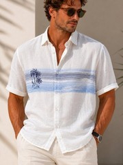 Cafe Luna White Linen Blend Tropical Button Up Shirt Vacation Coastal Grandpa