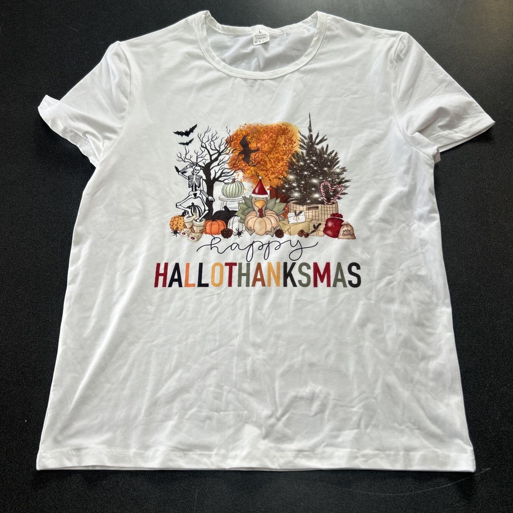 Happy HalloThanksMas Shirt Fall Size L Thanksgiving Christmas Pumpkins Trees