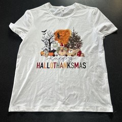 Happy HalloThanksMas Shirt Fall Size L Thanksgiving Christmas Pumpkins Trees