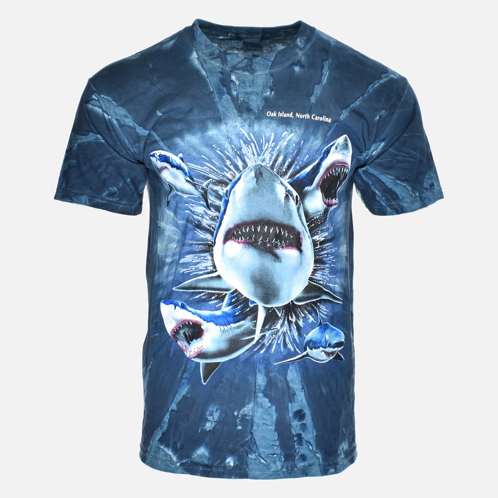 VTG Sharks Tie Dye Attack Nature Wildlife Aquatic Blue Island Mens Tee Shirt – M