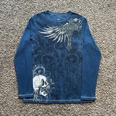 Vintage No Boundaries Thermal Shirt Size L Blue Y2K Skull Cross Wings Cyber Punk