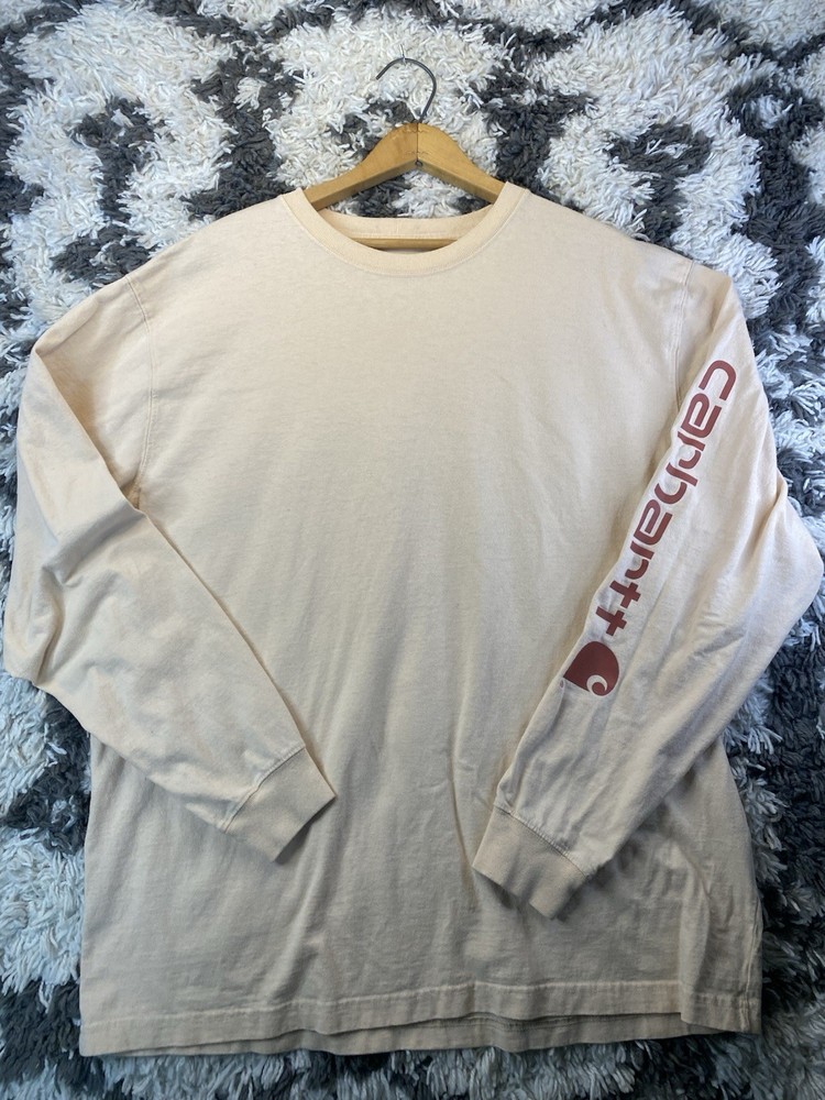 Carhartt Men’s L Beige Loose Fit Logo Crew Neck Long Sleeve Cotton Tee TK0231-M