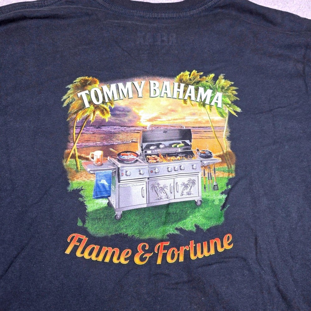 Tommy Bahama T-Shirt Mens Lrg Black Flame & Fortune Grill Graphic UPF 50 Cotton