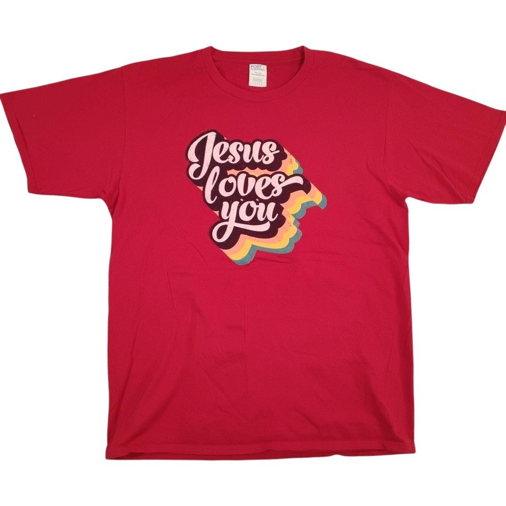 Jesus Loves You Shirt Mens Large Red Christian Graphic Tee Port & Company Faith