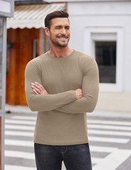 Men’s 2 Pack T-Shirt Long Sleeve Ribbed Slim Fitted Tee Shirts Casual Crewnec…