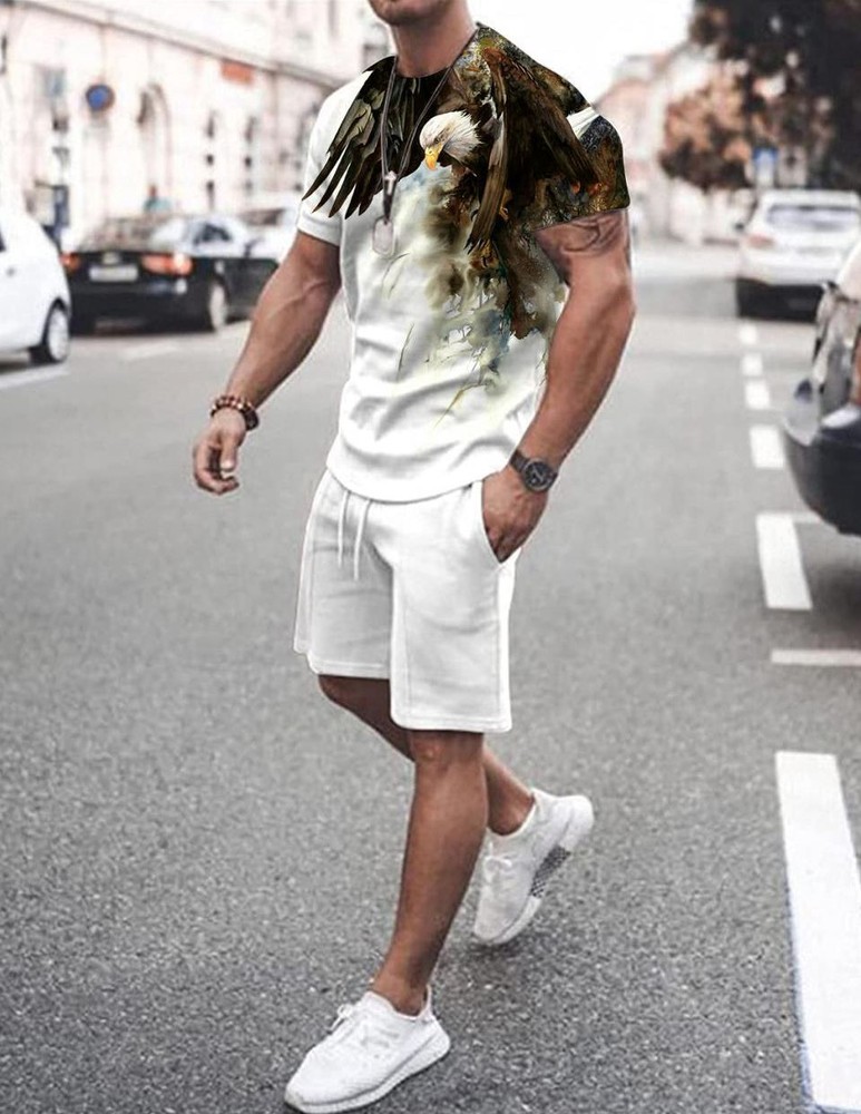 ⭐⭐⭐Camiseta Hombre Águila Blanco Moda Gráfico Manga Corta Pantalones Cortos SET