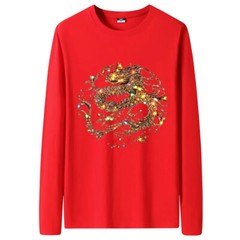 Fashion Dragon Rhinestones Diamond Long Sleeve Luxury Men Trend Cotton T-Shirt